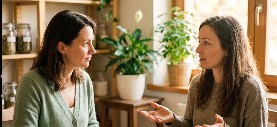 Naturopathe en consultation, à l'écoute de sa consultante